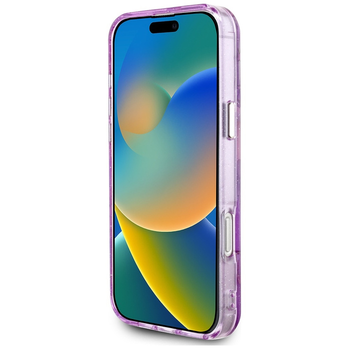 Etui Guess Glitter Flowers Triangle       Buttons MagSafe do iPhone 16 Pro fioletowy