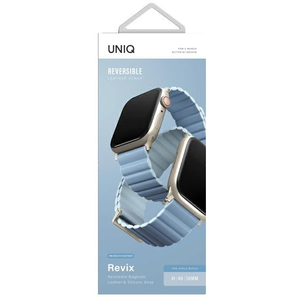 Pasek UNIQ Revix Premium Apple WatchSeries 1/2/3/4/5/6/7/8/9/SE/SE2 38/40/41mm Edition Reversible Magnetic Leather biało-niebieski/arctic-soft blue
