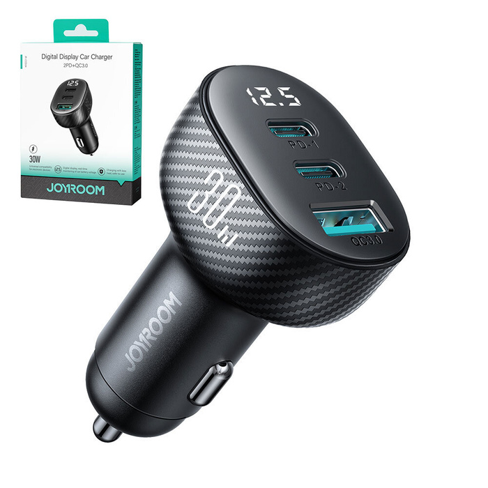 Joyroom JR-CCD04 Caricabatteria da auto USB-A 30W 2x USB-C con display - nero