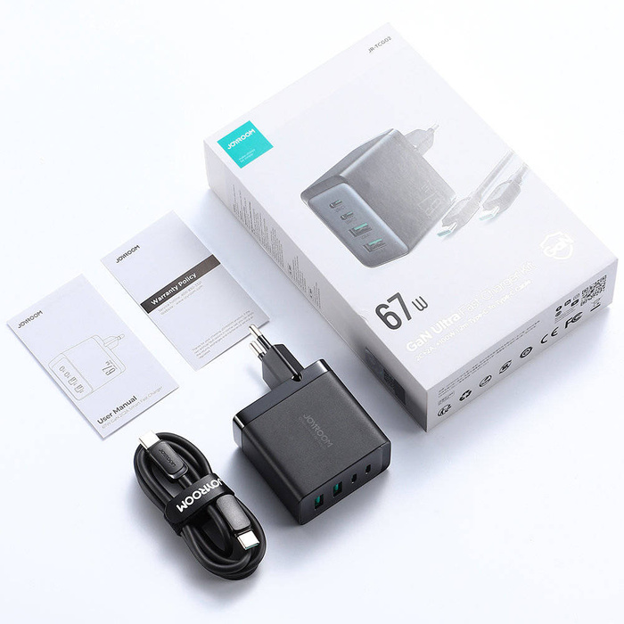 Caricabatterie Joyroom GaN 67W 4 porte (2x USB, 2x USB C) nero (TCG02) + cavo USB C - USB C 100W 1.2m
