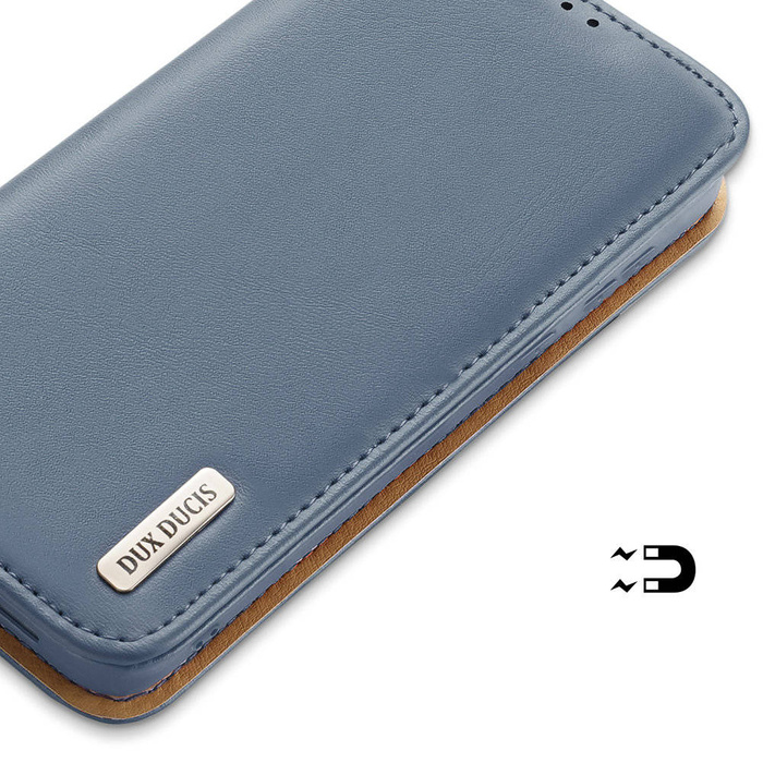 Dux Ducis Hivo Telefontok Flip Cover Valódi bőr pénztárca kártyákhoz és dokumentumokhoz Samsung Galaxy S22 + (S22 Plus) kék