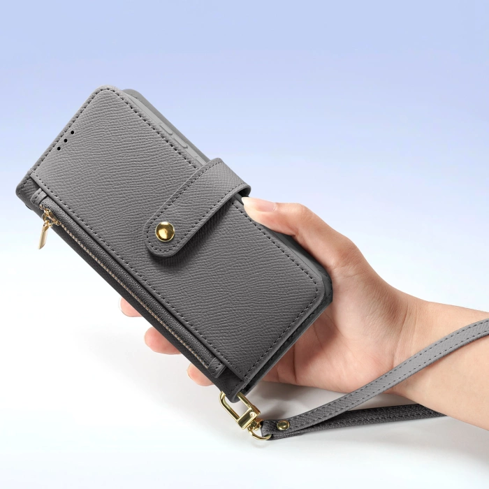 Dux Ducis Lawa Lederhülle für Samsung Galaxy S25+ mit abnehmbarer magnetischer Brieftasche – Grau