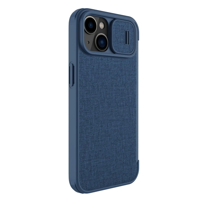 Nillkin Qin Cloth Pro Case etui do iPhone 14 Plus osłona na aparat kabura pokrowiec obudowa z klapką niebieski