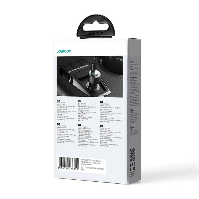Caricabatteria da auto 2x USB C 70W con display LED Joyroom JR-CCD02 | nero