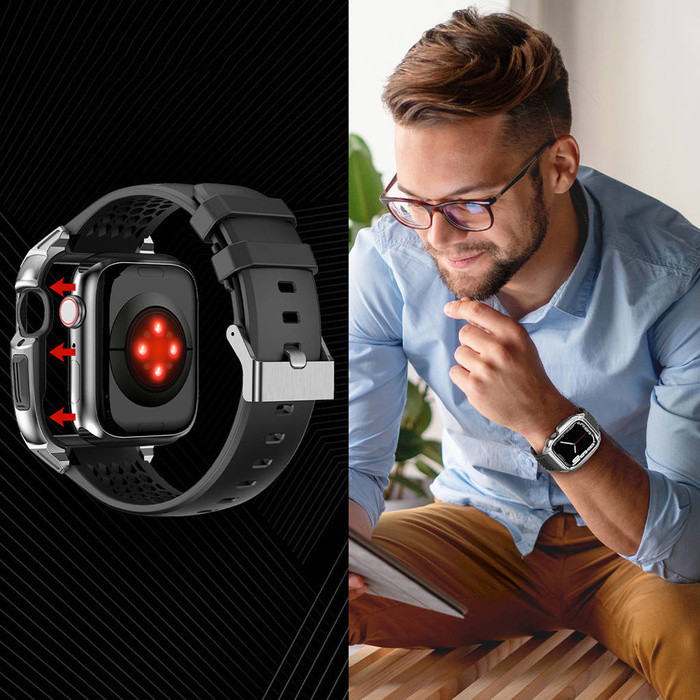 Kingxbar CYF148 Correa 2 en 1 para Apple Watch Ultra, SE, 8, 7, 6, 5, 4, 3, 2, 1 (49, 45, 44, 42 mm) con caja blindada de acero inoxidable incorporada plateada