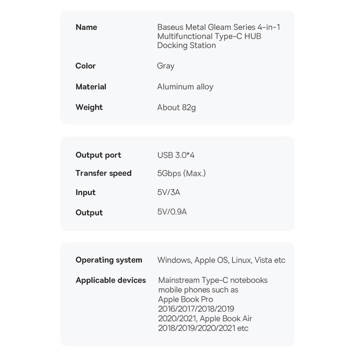 Baseus Metal Gleam Series Station d&#39;accueil HUB 4 en 1 USB Type C - 4 x USB 3.2 Gen. 1 (WKWG070013)