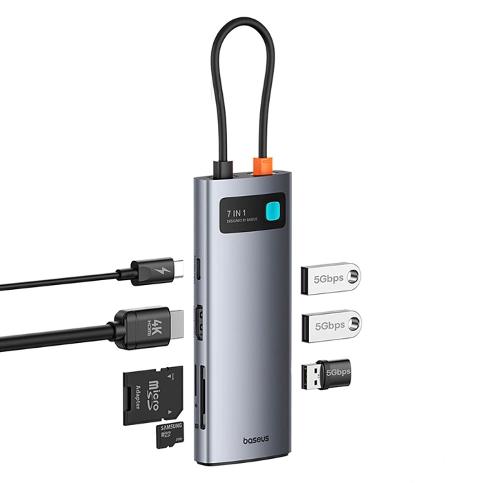 Hub USB-C Baseus Metal Gleam 7w1 HDMI 4K 60Hz / 3x USB 3.0 / USB-C PD / SD / microSD – szary