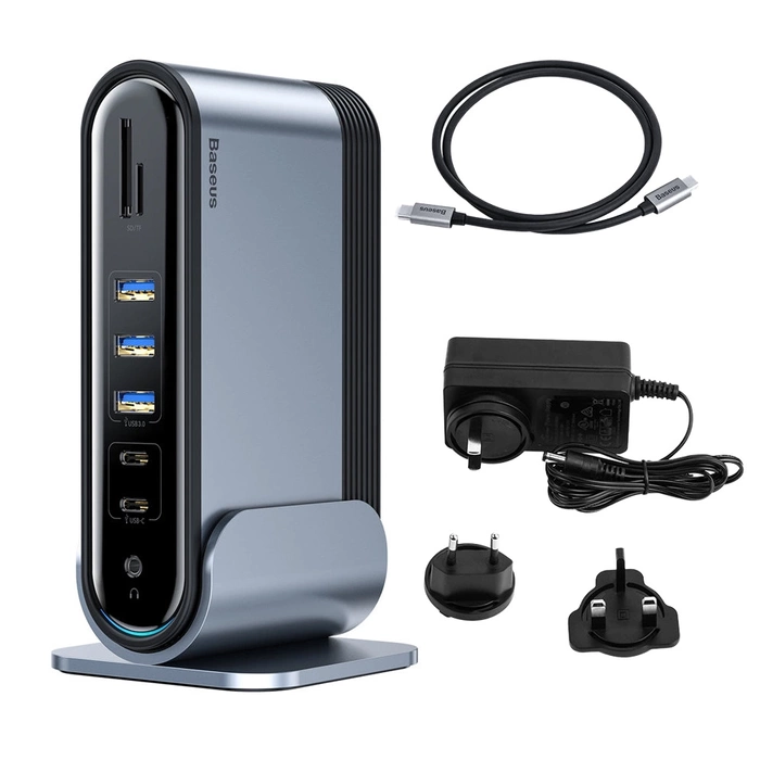 [APRÈS RETOUR] HUB multifonction Baseus 3x USB 3.2 Gen 1 / 2x USB Type C / Lecteur de carte SD et micro SD / AUX / 2x DisplayPort / 2x HDMI / RJ45 1Gbps Power Delivery 100W (EU / CN / UK plug set) gris (CAHUB-DG0G)