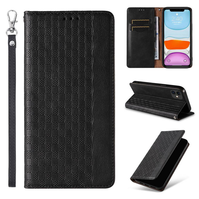 Étui à sangle aimantée pour iPhone 13 pochette portefeuille + mini lanière pendentif noir