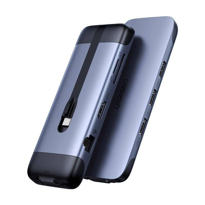 Ugreen 9in1 multi-functional HUB USB Type C - HDMI / 3x USB 3.2 Gen 1 / SD micro SD / VGA / RJ45 card reader / USB Type C Power Delivery 100 W 20 V 5 A gray (70409 CM286)