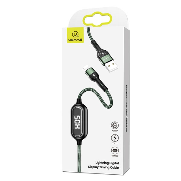 USAMS Lightning 2A Fast Charging LED 1.2m Green Black Braided Cable