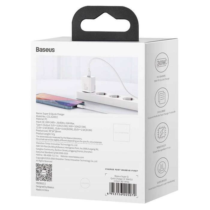 Chargeur mural rapide Baseus Super Si 1C USB Type C 30 W Power Delivery Quick Charge blanc (CCSUP-J02)