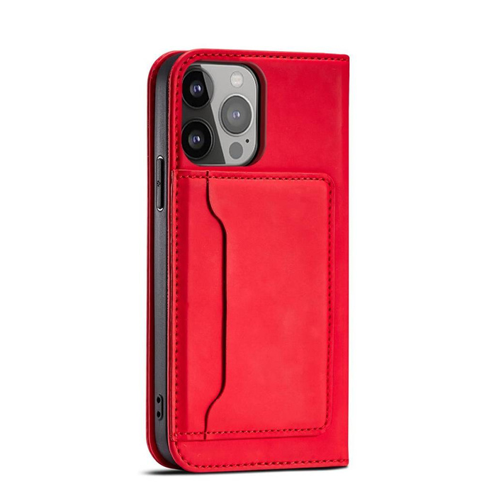 Magnet Card Case Case pour iPhone 14 Flip Cover Wallet Stand Rouge