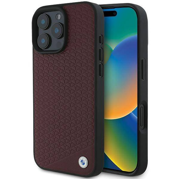 Case BMW iPhone 16 Pro Max 6.9" red/red hardcase Sign Leather Diamond Metal Logo MagSafe