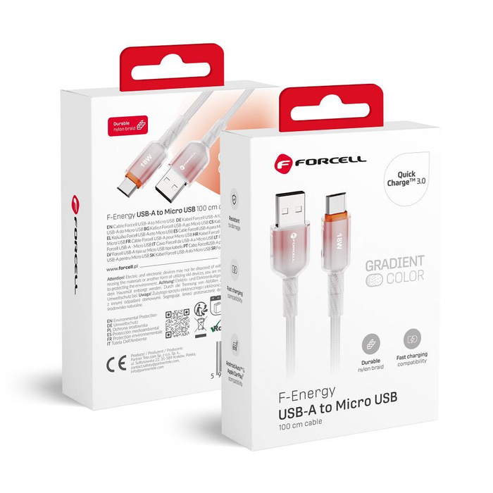 Kabel USB A do Micro USB Forcell F-Energy QC3.0 2,4A 18W Gradient 1 m C351 biały