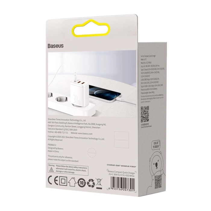 Baseus Compact quick charger USB Type C / 2x USB 30W 3A Power Delivery Quick Charge white (CCXJ-E02)