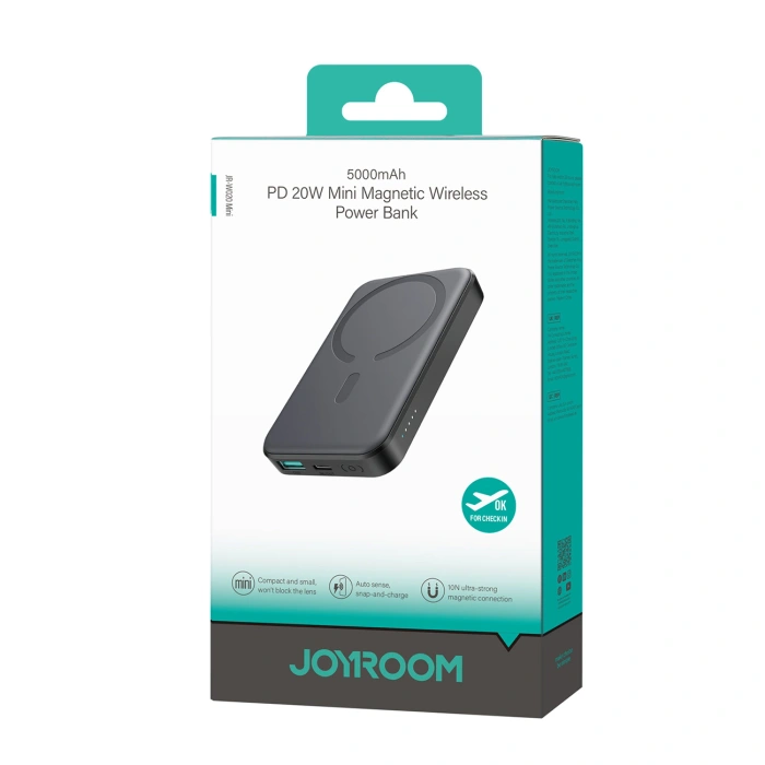 Powerbank Joyroom JR-W020 Mini 5000mAh USB-A USB-C indukcyjny 20W - czarny + kabel USB-C / USB-C