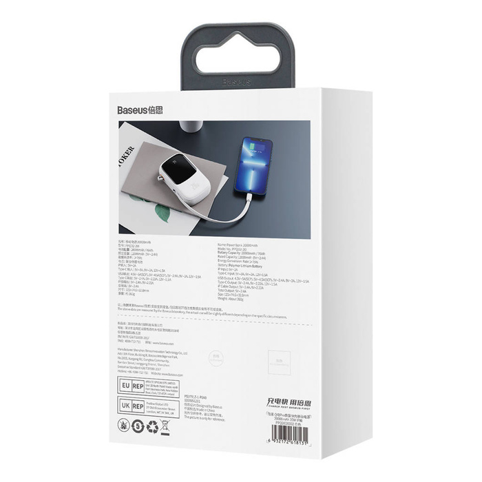 Baseus Qpow Display digitale Power Bank con ricarica rapida 20000mAh 20W QC/PD/SCP/FCP con cavo Lightning integrato Bianco