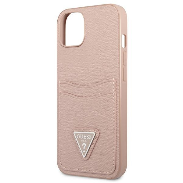 Hülle GUESS Apple iPhone 13 Mini Saffiano Dreieck Logo Cardslot Rosa Hartcase
