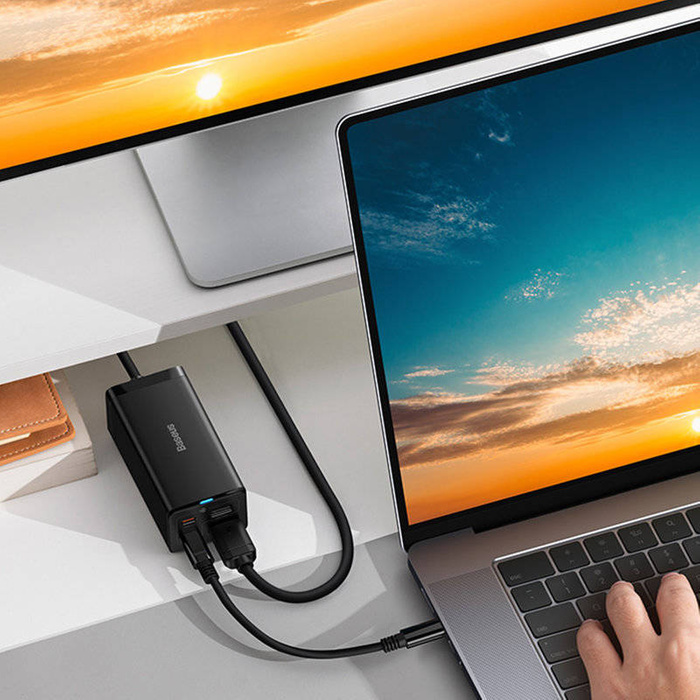 Caricabatterie rapido Baseus GaN5 Pro HUB HDMI 2 x USB-C / USB-A / HDMI 4K 30Hz 1,5m nero + cavo USB-C - USB-C 100W 40Gb/s (USB4) 1m (CCGP110201)
