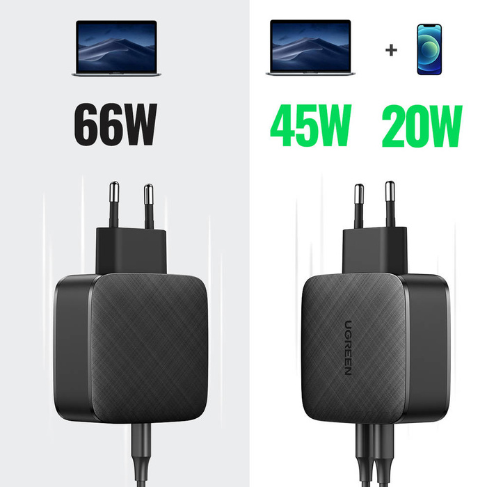 Caricabatterie Ugreen 2x USB tipo C 66W Power Delivery 3.0 Quick Charge 4.0+ nero (CD216)