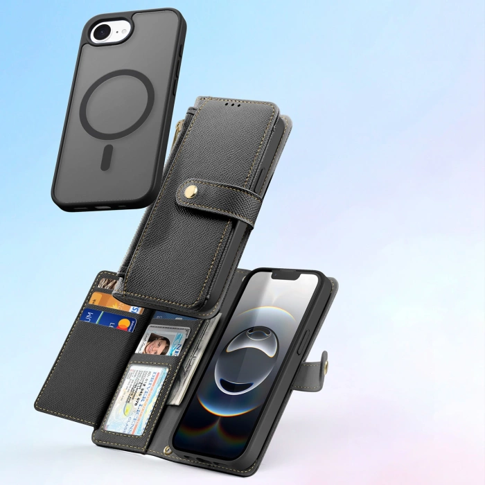 Dux Ducis Lawa iPhone 16e Lederhülle mit abnehmbarer magnetischer Brieftasche - Schwarz