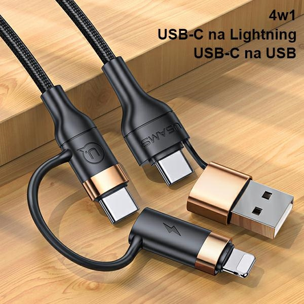 USAMS Cable braided U62 2xUSB-C/USB-A /lightning 1.2m PD Fast Charge black/black SJ483USB01 (US-SJ483)