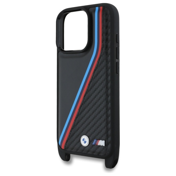Coque BMW iPhone 16 Pro Max noir/noircase M Edition Carbon Tricolor Lines &amp; Strap