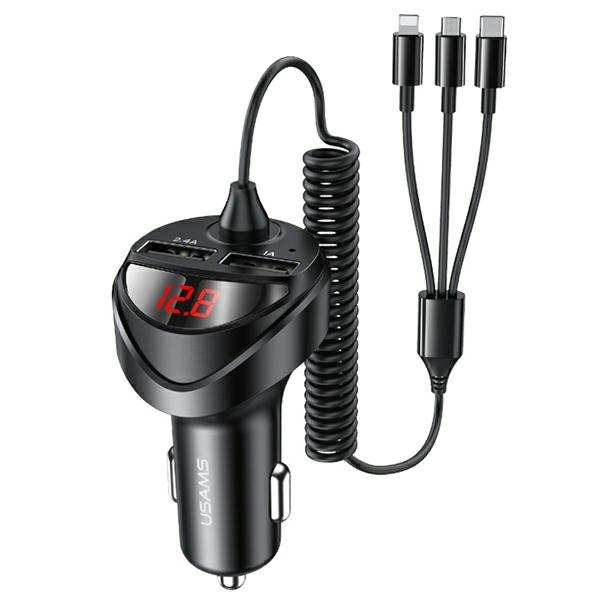 Nabíjačka Car USAMS 2xUSB Kábel 3v1 C22 Lightning MicroUSB USB-C CC119TC01 US-CC119 Black