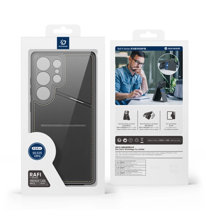 Dux Ducis Rafi II Hülle für Samsung Galaxy S25 Ultra mit Ständer und Geldbörse – Schwarz