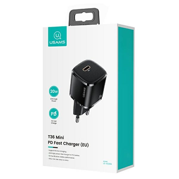 Chargeur USAMS 1xUSB-C T36 Mini 20W + Câble USB-C Apple Lightning PD3.0 Fast Charging Black