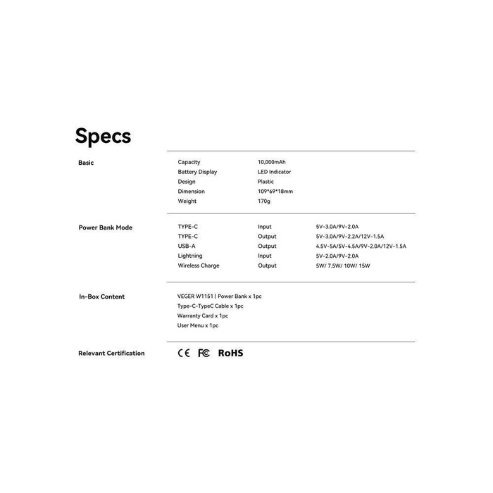 Powerbank zgodny z MagSafe Veger MagOn (VP1151 / W1151) PD QC3.0 2A 20W z ładowaniem indukcyjnym 10000 mAh biały