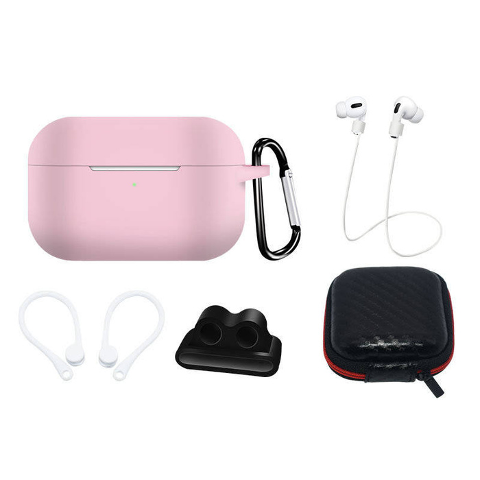 Sada silikonového pouzdra pro AirPods Pro 2 / AirPods Pro 1 + Pouzdro / Háček na ucho / Řemínek na krk / Držák řemínku na hodinky / Karabina | růžový