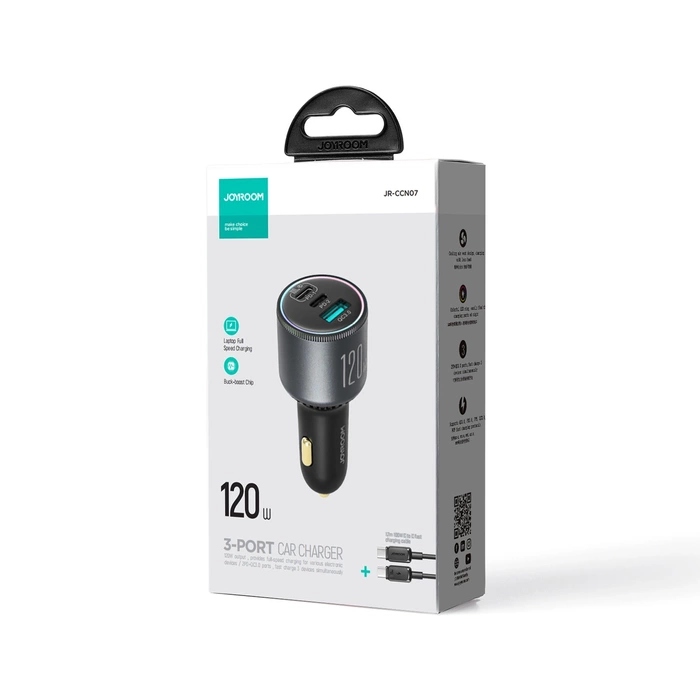 Joyroom JR-CCN07 nabíječka do auta 120W 2xUSB-C USB-A + USB-C kabel 100W - tmavě šedá