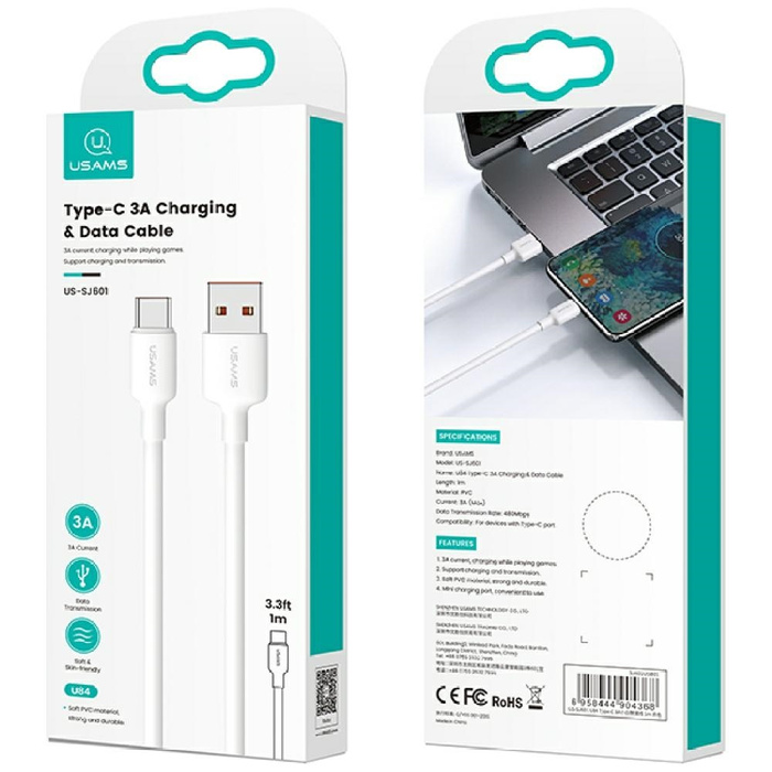 Kabel USAMS 3A USB-C do USB-A 3m US-SJ603 U84 Biała