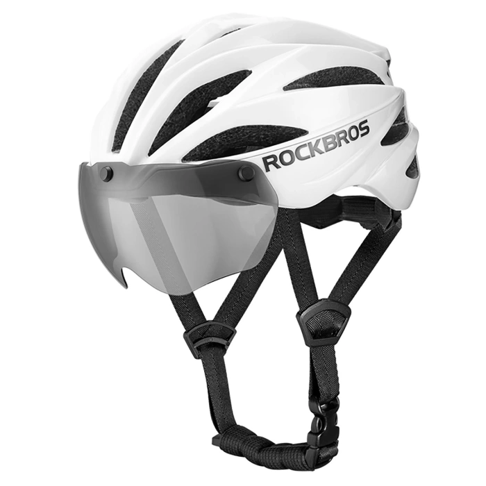 Rockbros Fahrradhelm mit Visier, abnehmbarer UV-Brille, Unisex, glänzend – Weiß
