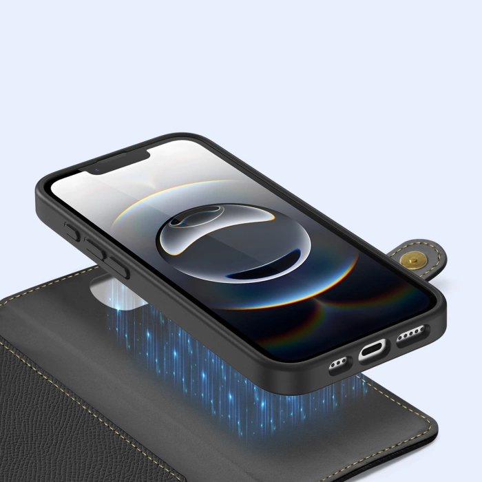 Dux Ducis Lawa iPhone 16e Lederhülle mit abnehmbarer magnetischer Brieftasche - Schwarz