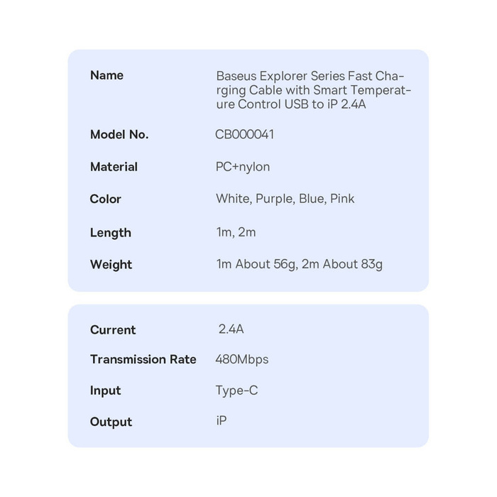 Baseus Explorer Series cable USB - Lightning 2.4A 2 m blanco (CATS010102)