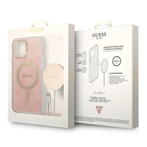 Súprava Puzdro Guess Case+ nabíjačka iPhone 12/12 Pro pink/pink hard case 4G Print MagSafe