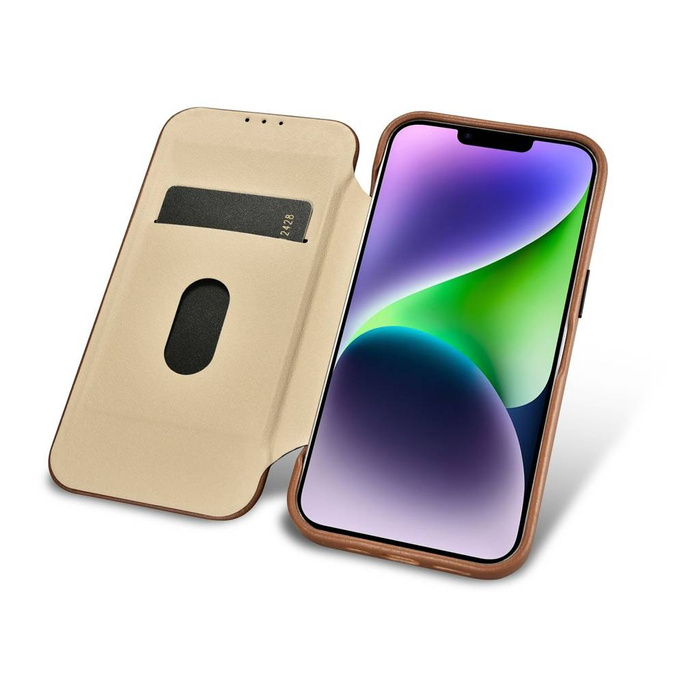 iCarer CE prémiové kožené pouzdro Folio iPhone 14 Flip Magnetic MagSafe Brown (WMI14220713-BN)