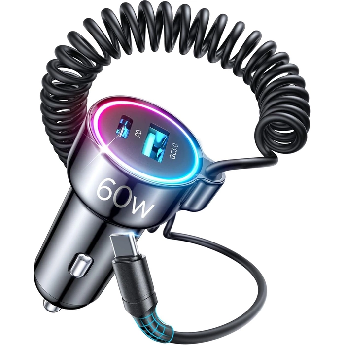 [B WARE] Joyroom 3-in-1-Schnellladegerät fürs Auto mit USB-Typ-C-Kabel, 1,6 m, 60 W, Schwarz (JR-CL07)