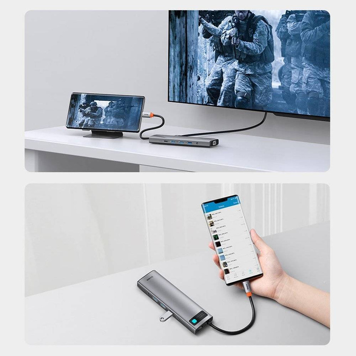 Baseus Metal Gleam 11in1 Multifunktions-HUB USB Typ C - 3x USB 3.2 Gen 1 5Gbps / USB Typ C PD 100W / 3,5 mm Miniklinke AUX / VGA Full HD 60Hz / 2x HDMI 4K 30Hz / TF und SD Kartenleser / RJ45 1Gbps grau (CAHUB-CT0G)