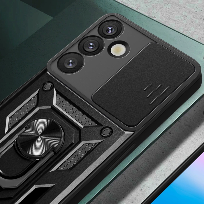 Hybrid Armor Camshield-Hülle mit Kameraabdeckung und Metallring für Samsung Galaxy S25+ – Schwarz