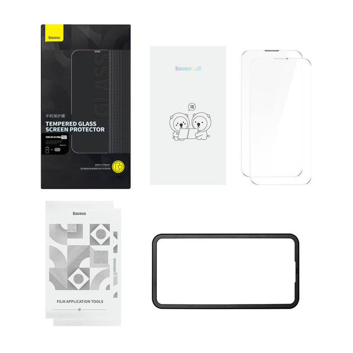 Baseus Set de 2x Cristal Templado para iPhone 14 Pro Pantalla Completa con Tapa Altavoz 0.3mm + Marco de Montaje