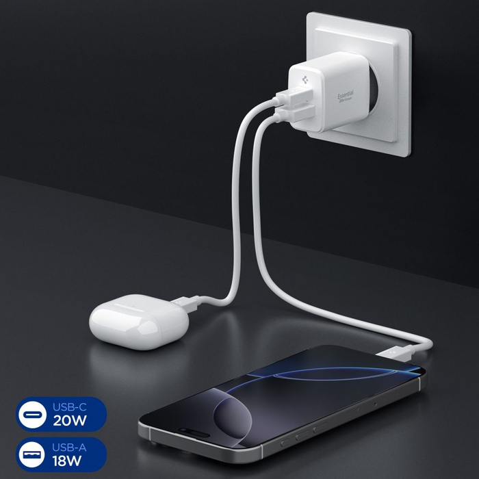 Spigen ESSENTIAL EE202EU CHARGEUR RÉSEAU 2 PORTS 20W BLANC