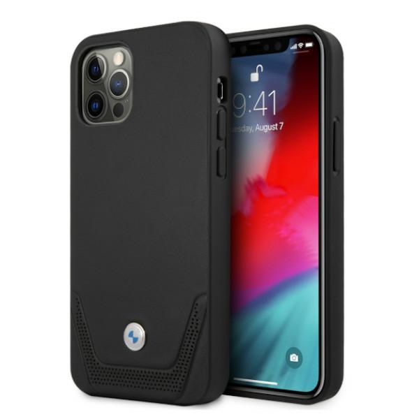 BMW Hülle Apple iPhone 12 12 Pro Leder Perforiert Schwarz Hardcase