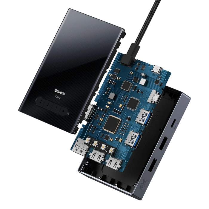 Hub USB-C 8w1 Baseus PioneerJoy HDMI 4K@60Hz + HDMI 4K@30Hz + DisplayPort 8K@30Hz + VGA + 2 x USB-A 3.0 + 2 x USB-C - szary