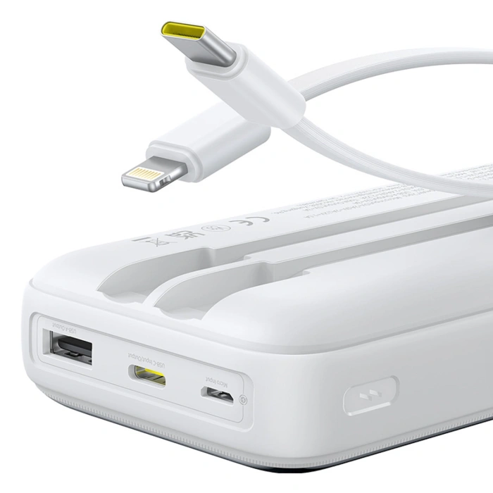 Powerbank Baseus Lipow 20000mAh 22,5W z dwoma wbudowanymi kablami z dodatkowym kablem Baseus Simple USB-A - USB-C 3A 20cm - biały
