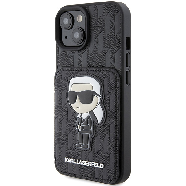 Karl Lagerfeld KLHCP15SSAKKNSCK iPhone 15 6,1" negro/negro durocase Saffiano Tarjetero y soporte Monograma Ikonik Patch