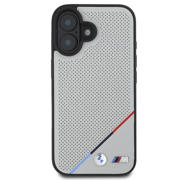 Case BMW iPhone 16 6.1" grey/grey hardcase M Perforated Tricolor Line MagSafe